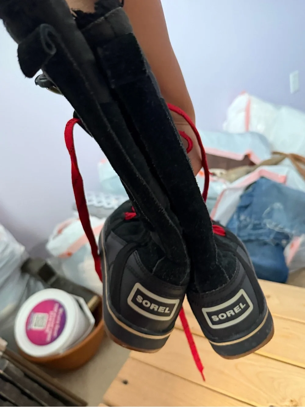 Sorel Kids Black Winter Boots with Red Laces